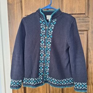 Christopher & Banks Navy and Teal Patterned Cardigan Hand Embroidered Size Small